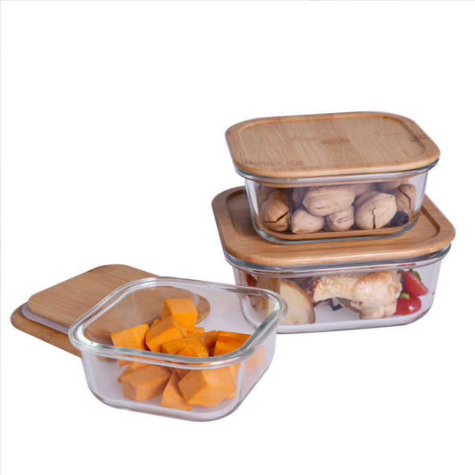 Portable Square Glass Lunch Box with Bamboo Lid Microwave And Dishwasher Safe for Square Glass Lunch Box with Bamboo Lid