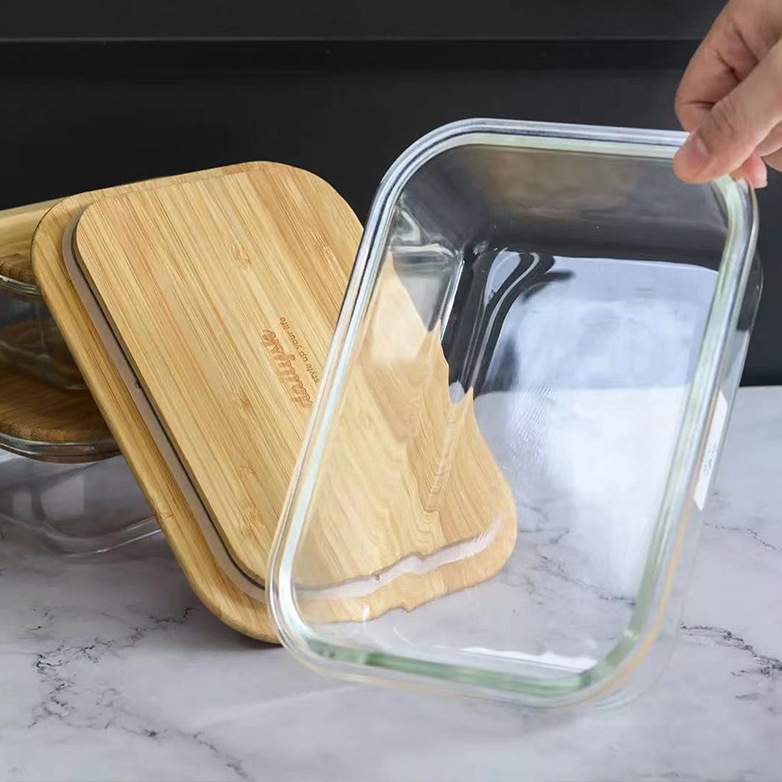 Durable And Heat-resistant Square Glass Lunch Box with Bamboo Lid Ideal for Meal Prep And Storage