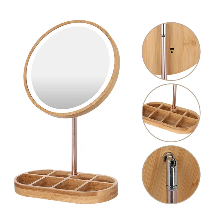 New Arrival Led Wooden Makeup Mirror Premium Desktop Round Table Wood Frame Wooden Mirror Drawer Locker Combined Dresser