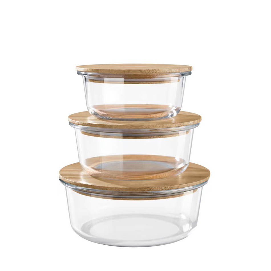 Eco-Friendly High Borosilicate Glass Round Fresh-Keeping Container with Bamboo Lid Round Lunch Box with Bamboo Lid for Microwave