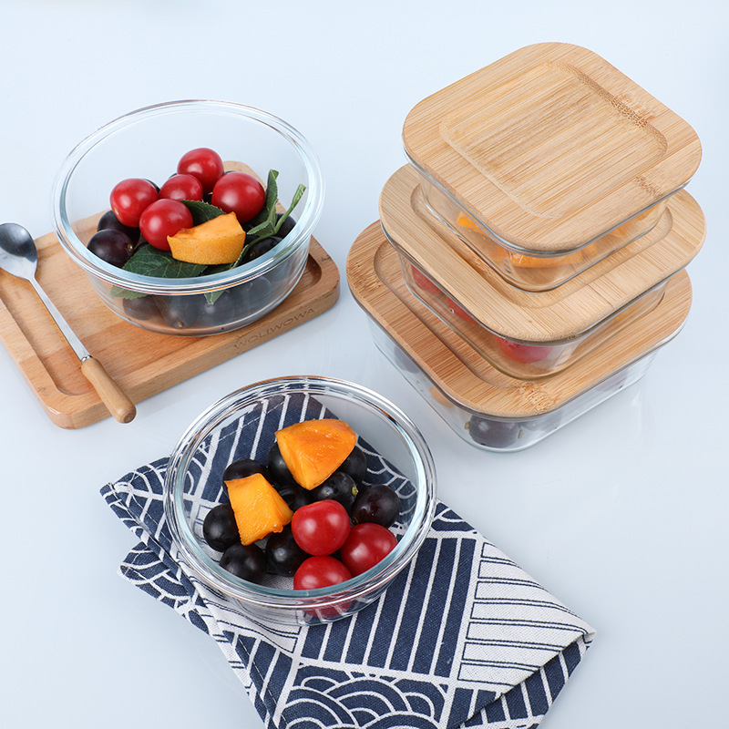 Eco-Friendly High Borosilicate Glass Round Fresh-Keeping Container with Bamboo Lid Round Lunch Box with Bamboo Lid for Microwave
