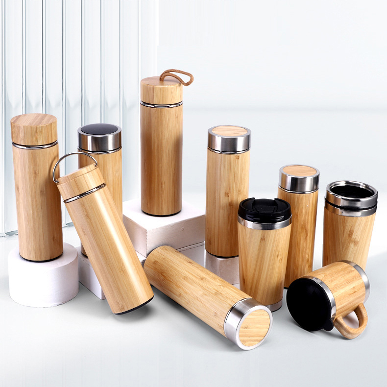 Double Wall Insulated Coffee Cup Tumbler Mugs Stainless Steel Tea Infuser Thermos Bamboo Water Bottle
