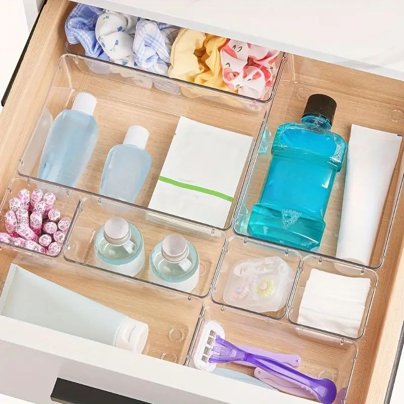 Clear Plastic Drawer Organizer Set Desk Drawer Divider Organizers and Storage Bins for Makeup Jewelry Gadgets for Kitchen, Bedroom Bathroom Office