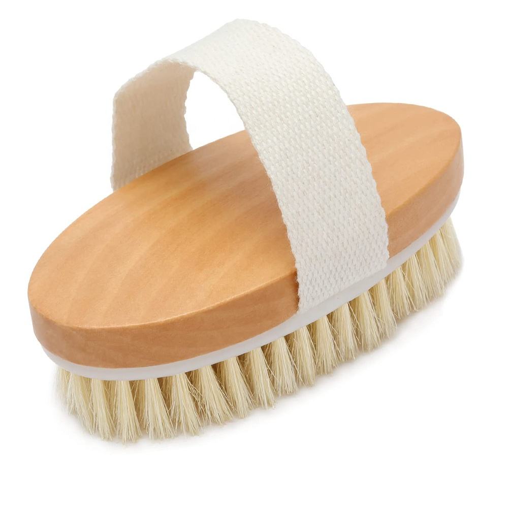 Custom Logo Hand-held Oval Wet And Body Brush Exfoliator Wood Boar Bristle Dry Skin Body Bath Brush