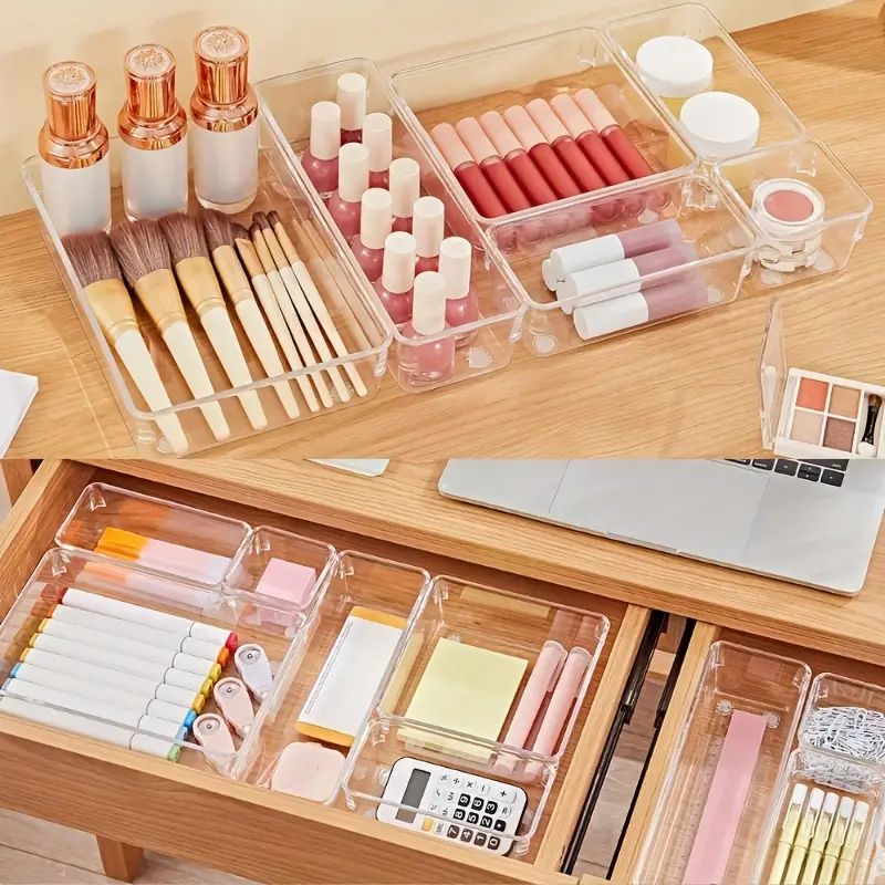 Clear Plastic Drawer Organizer Set Desk Drawer Divider Organizers and Storage Bins for Makeup Jewelry Gadgets for Kitchen, Bedroom Bathroom Office